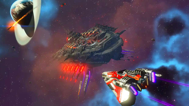 A No Man's Sky Dreadnought, earnable through the Omega Expedition update, approaches a small player craft